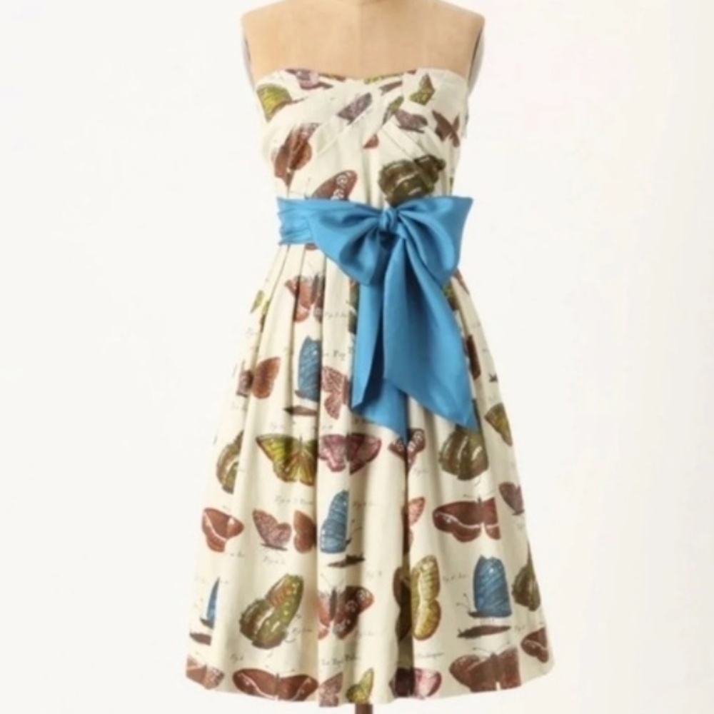 Maeve Strapless Dress with Butterfly Pattern and Blue Sash